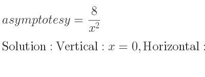 The asymptotes of y= 8/(x^2) is Vertical: x=0,Horizontal: y=0